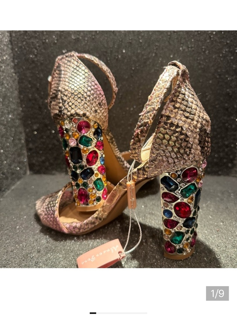 Jeweled Pink Snake-Embossed Block Heel Sandals